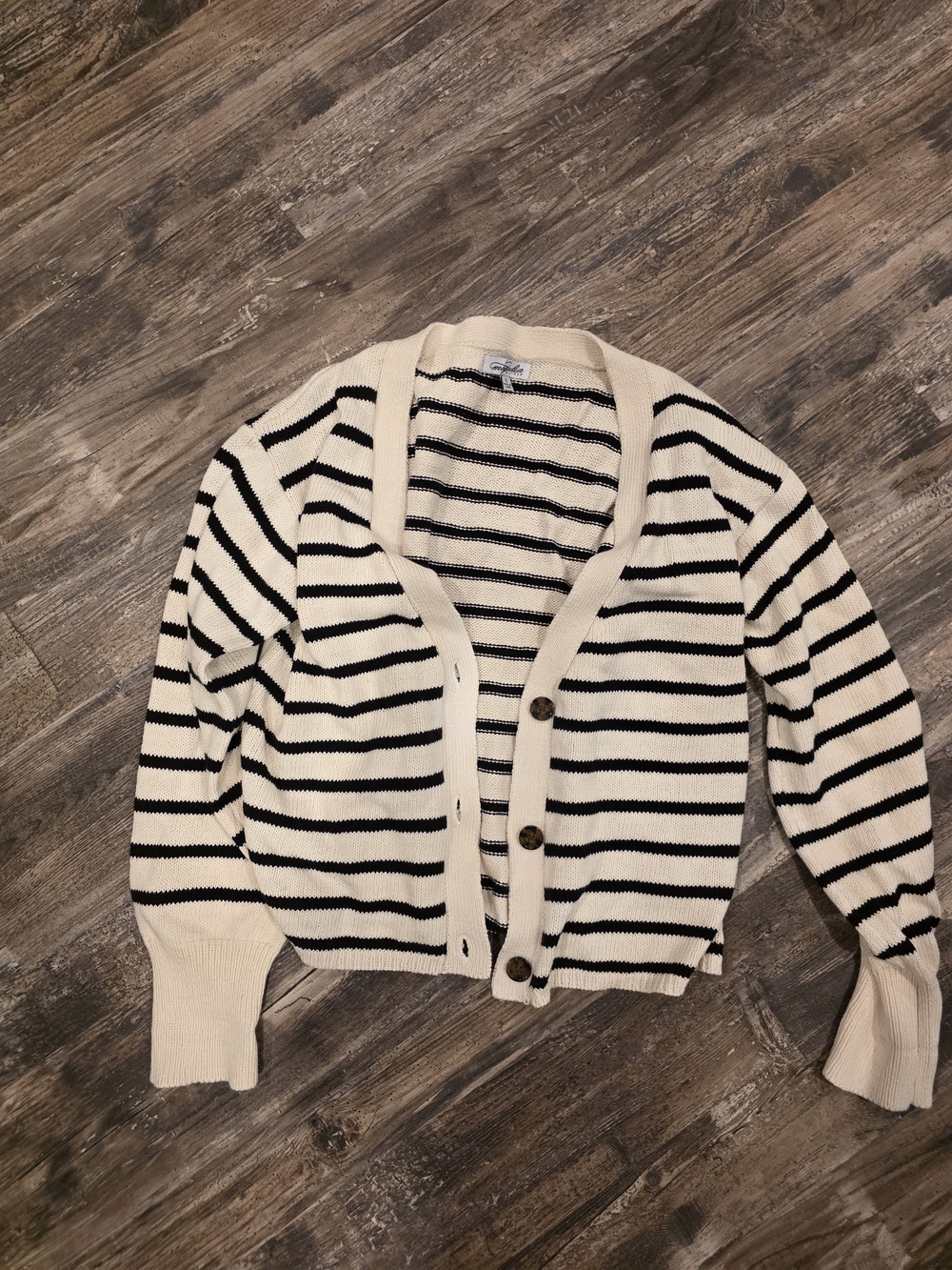 Striped Cream & Black Button-Front Cardigan Sweater